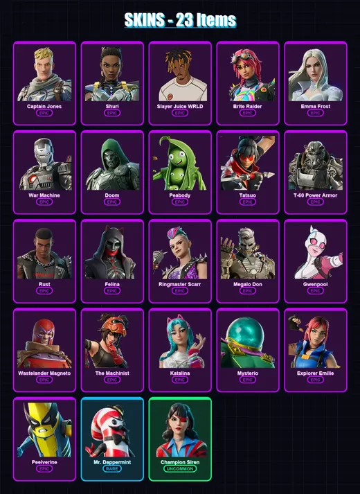 [PC/PSN] | Captain Jones | Shuri | Slayer Juice WRLD | Brite Raider | Emma Frost | 23 skin | 34 pickaxe | 21 emote | 25 glider | Lv423