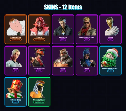 [PS4/PS5/XBOX/PC] | Peter Griffin | Valeria | Montague | Vengeance Jones | Nisha | 12 skin | 16 pickaxe | 12 emote | 18 glider | Lv236