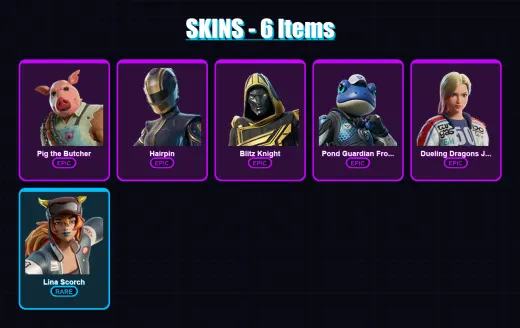[PC] | Pig the Butcher | Hairpin | Blitz Knight | Pond Guardian Froggory | Dueling Dragons Jackie | 6 skin | 34 pickaxe | 15 emote | 20 glider | Lv2
