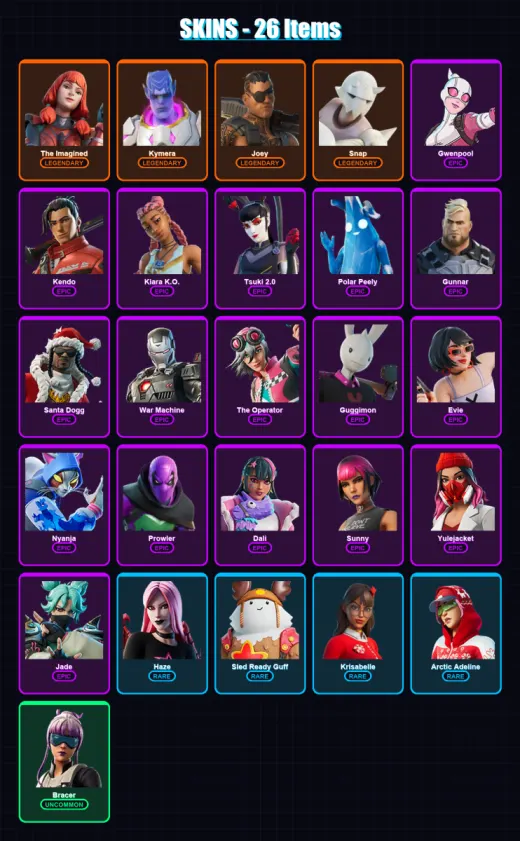 [PC/XBOX/PSN] | The Imagined | Kymera | Joey | Snap | Gwenpool | 26 skin | 37 pickaxe | 23 emote | 35 glider | Lv400
