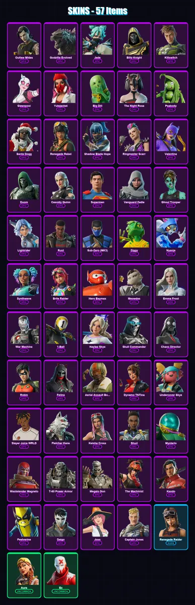 [PC/XBOX/PSN] | Outlaw Midas | Godzilla Evolved | Jade | Blitz Knight | Killswitch | 57 skin | 97 pickaxe | 88 emote | 71 glider | Lv1366