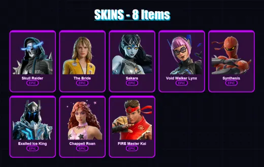 [PC/PSN] | Skull Raider | The Bride | Sakara | Void Walker Lynx | Synthesis | 8 skin | 6 pickaxe | 2 emote | 7 glider | Lv26