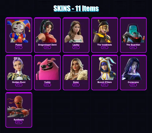 [SWITCH/PSN/PC] | Pomni | Dragonheart Demi | Laufey | The Voidblade | The Guardian | 11 skin | 10 pickaxe | 12 emote | 7 glider | Lv21 — Game account