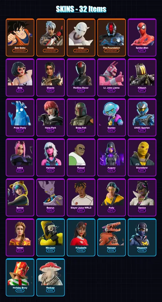 [PC/PSN] | Son Goku | Ronin | Snap | The Foundation | Spider-Man | 32 skin | 39 pickaxe | 33 emote | 30 glider | Lv437 — Game account