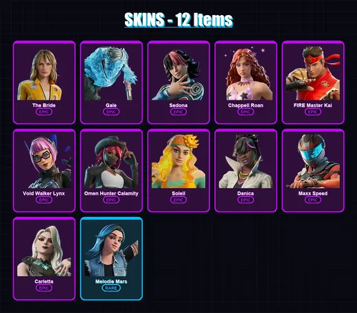 [PC/PSN] | The Bride | Gale | Sedona | Chappell Roan | FIRE Master Kai | 12 skin | 8 pickaxe | 4 emote | 4 glider | Lv19