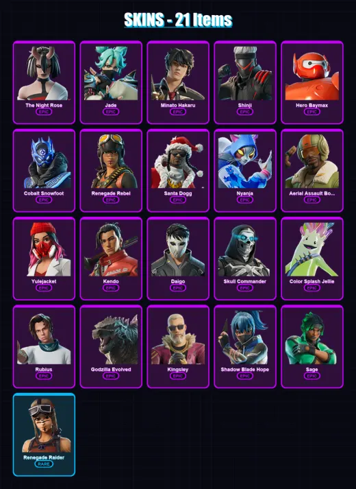 [PS4/PS5/XBOX/PC] | The Night Rose | Jade | Minato Hakaru | Shinji | Hero Baymax | 21 skin | 49 pickaxe | 26 emote | 29 glider | Lv440