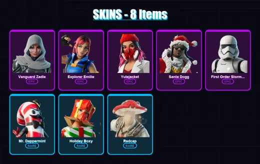 [PC/PSN] | Vanguard Zadie | Explorer Emilie | Yulejacket | Santa Dogg | First Order Stormtrooper | 8 skin | 37 pickaxe | 12 emote | 20 glider | Lv28