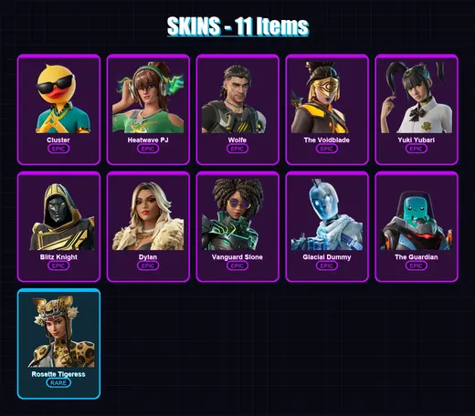 [PC/XBOX/PSN] | Cluster | Heatwave PJ | Wolfe | The Voidblade | Yuki Yubari | 11 skin | 44 pickaxe | 19 emote | 27 glider | Lv279