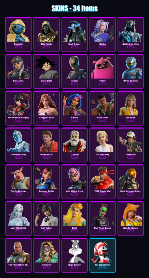 [PS4/PS5/PC] | Squibbly | Blitz Knight | Skull Raider | Dasha | Exalted Ice King | 34 skin | 80 pickaxe | 44 emote | 52 glider | Lv1476