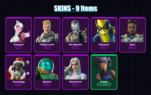 [PC/XBOX/PSN] | Gwenpool | Captain Jones | War Machine | Peelverine | Shuri | 9 skin | 14 pickaxe | 11 emote | 13 glider | Lv177 — Game account