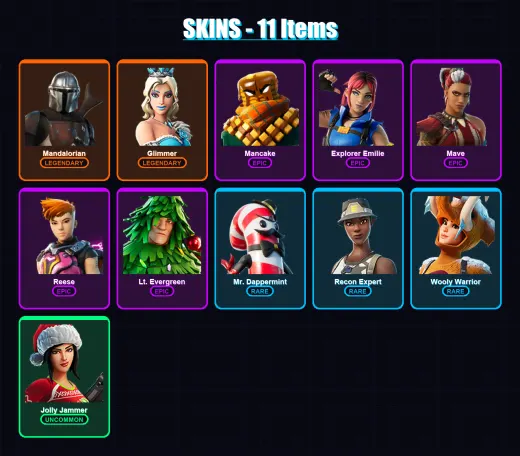 [PC/XBOX/PSN] | Mandalorian | Glimmer | Mancake | Explorer Emilie | Mave | 11 skin | 8 pickaxe | 14 emote | 14 glider | Lv220