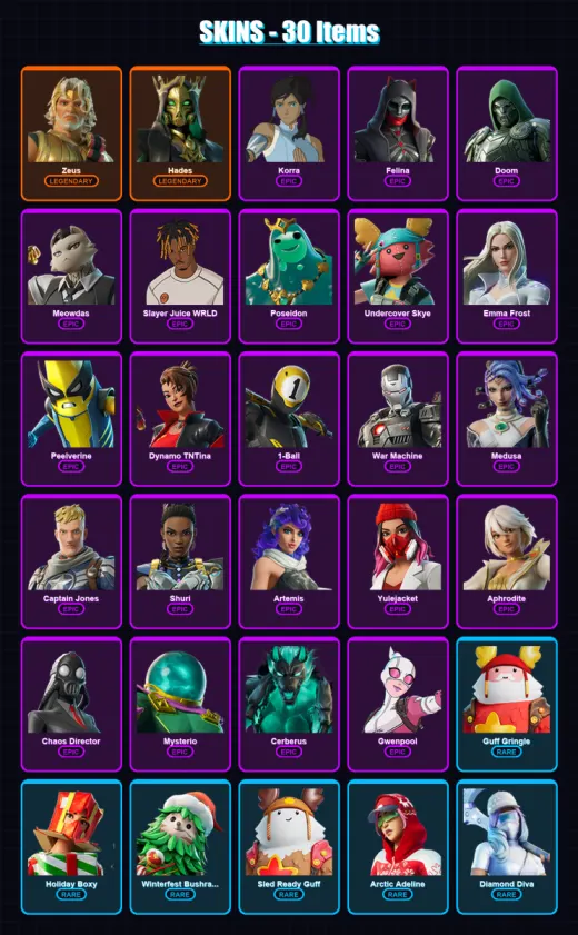 [PC/XBOX/PSN] | Zeus | Hades | Korra | Felina | Doom | 30 skin | 65 pickaxe | 43 emote | 50 glider | Lv628