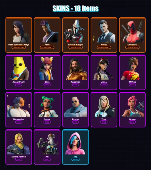[PC/XBOX/PSN] | Gear Specialist Maya | Fade | Eternal Knight | Midas | Deadpool | 18 skin | 20 pickaxe | 21 emote | 25 glider | Lv389
