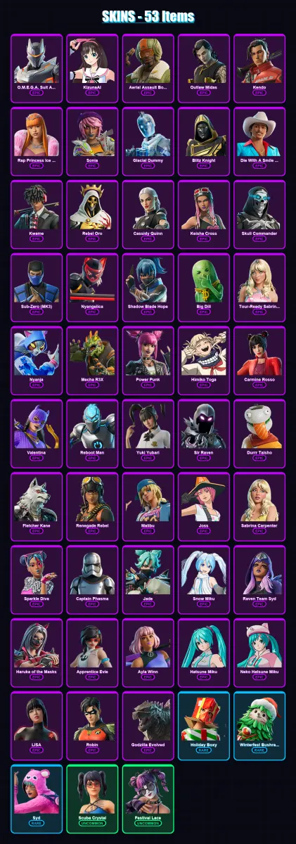 [PC/XBOX/PSN] | O.M.E.G.A. Suit Alpha | KizunaAI | Aerial Assault Bomber | Outlaw Midas | Kendo | 53 skin | 66 pickaxe | 61 emote | 46 glider | Lv34