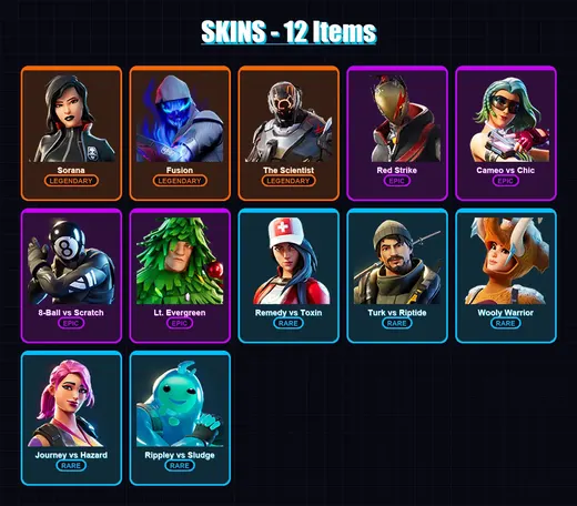 [PS4/PS5/XBOX/PC] | Sorana | Fusion | The Scientist | Red Strike | Cameo vs Chic | 12 skin | 17 pickaxe | 25 emote | 21 glider | Lv464