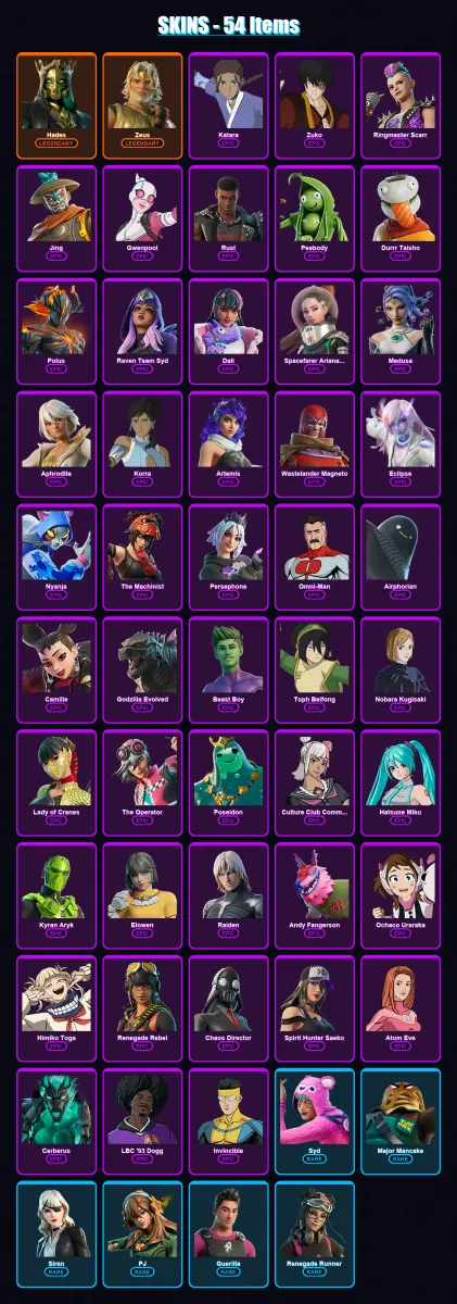 [PC/XBOX/PSN] | Hades | Zeus | Katara | Zuko | Ringmaster Scarr | 54 skin | 49 pickaxe | 33 emote | 23 glider | Lv312