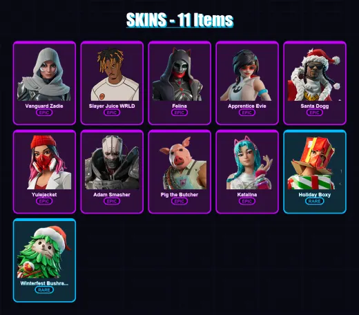 [PC/XBOX/PSN] | Vanguard Zadie | Slayer Juice WRLD | Felina | Apprentice Evie | Santa Dogg | 11 skin | 45 pickaxe | 17 emote | 31 glider | Lv456