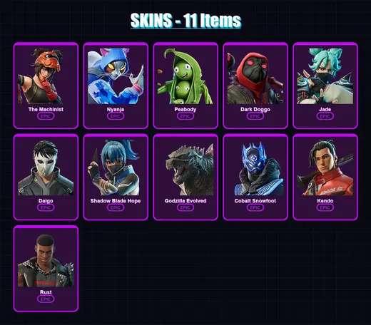 [PS4/PS5/XBOX/PC] | The Machinist | Nyanja | Peabody | Dark Doggo | Jade | 11 skin | 21 pickaxe | 14 emote | 15 glider | Lv172