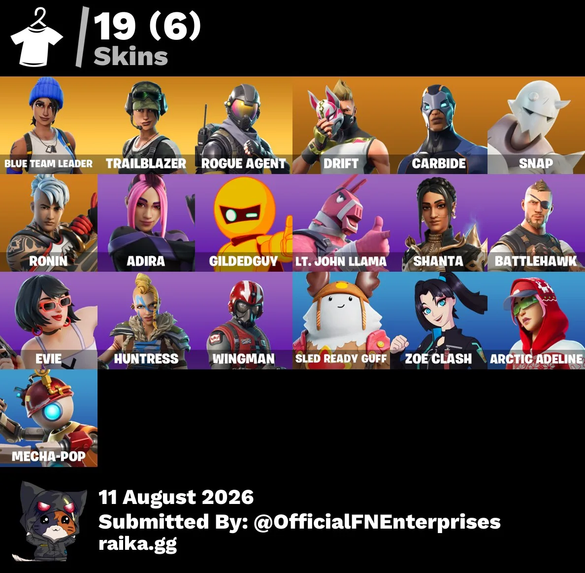 [PC] 19 skins | Blue Team Leader | Trailblazer | Rogue Agent | Drift | Carbide | Snap | Ronin | Adira | Gildedguy | Lt. John Llama | Shanta | 200 VB