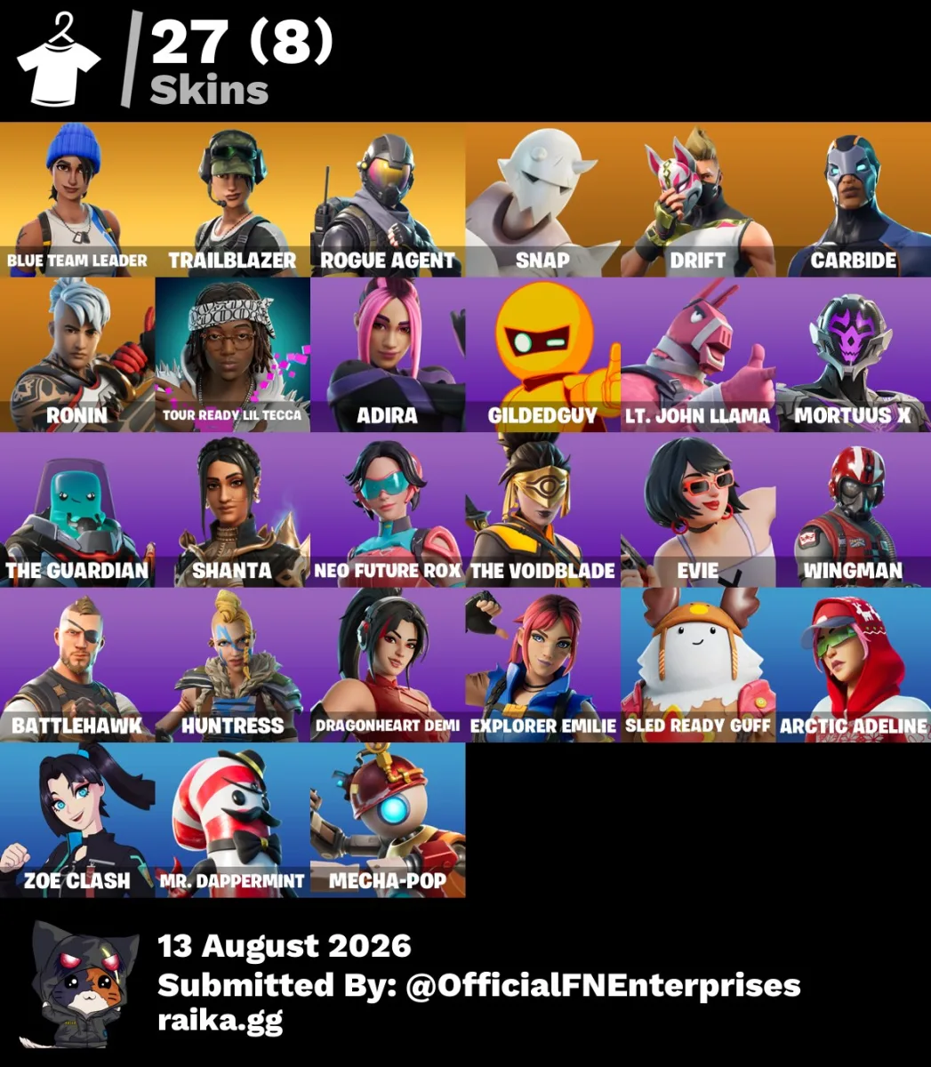 [PC] 19 skins | Blue Team Leader | Trailblazer | Rogue Agent | Drift | Carbide | Snap | Ronin | Adira | Gildedguy | Lt. John Llama | Shanta | 1.4k VB