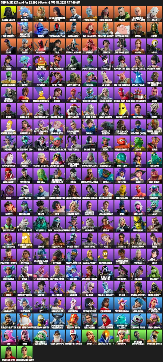 [Full Access] 212 Skins | Chun-Li Included | OG Reaper Pickaxe | Rare Bundles | Safe & Linkable to All Platforms