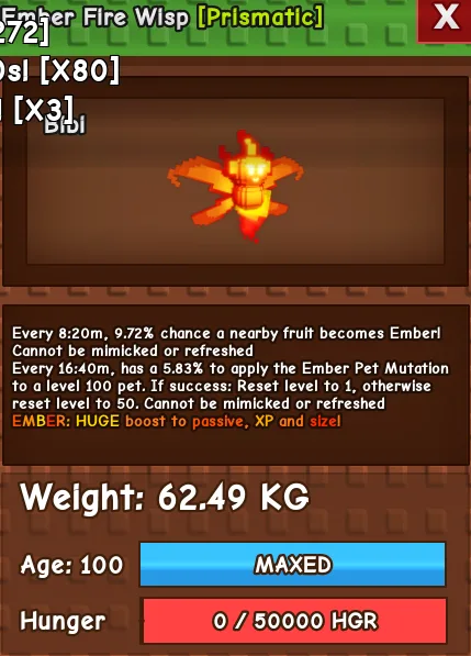 RARE KG 62KG+ EMBER FIRE WISP HUGE BEST MUTATION IN GAME — Account account