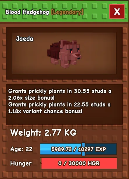 Blood Hedgehog LEGENDARY Age 22 2.77KG