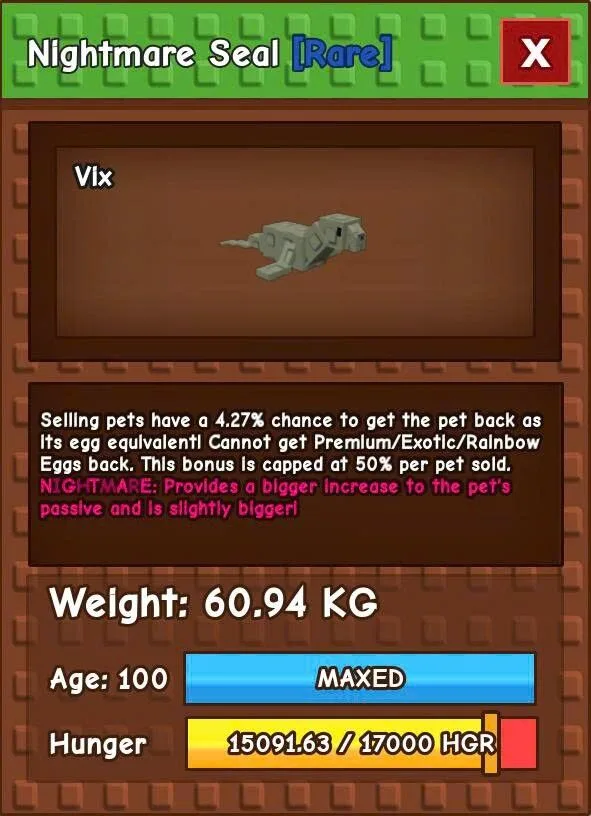 Pet - Rare - Nightmare Seal Huge 4.27 Chance No Toy 60.94KG / AGE 100