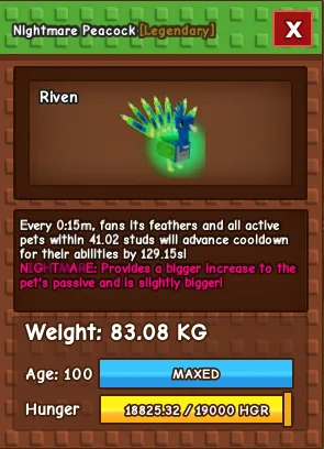NIGHTMARE PEACOCK 83.08KG AGE 100 (MAX) 15 seconds cooldown — Account account