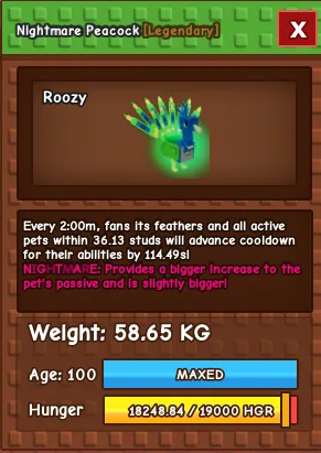 NIGHTMARE PEACOCK 60.61 KG AGE 100 (MAX) 2 minutes cooldown — Account account