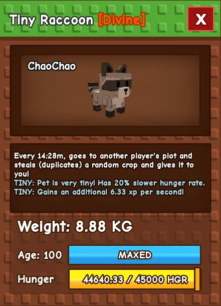 TINY RACCOON 8.88KG - GROW A GARDEN — Account account