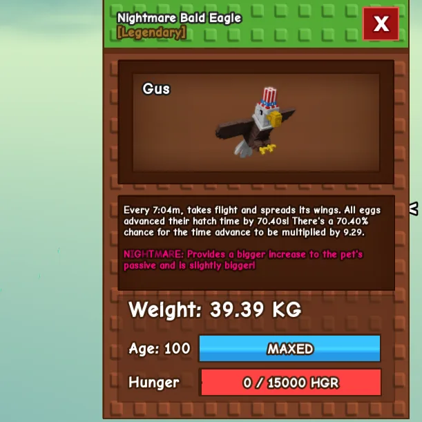 HUGE Nightmare Bald Eagle 39 KG+ Age 100 (MAXED) Cooldown 7:04 m Legendary INSTANT DELIVERY