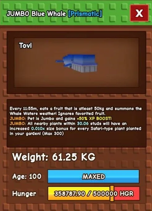 NEW LIMITED PET HUGE BLUE WHALE ! 60-61+ KG AGE 100 SUPER BIG!! (Reference Pic) Grow a Garden Fast Delivery! (FOR BOOSTING)