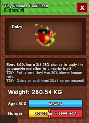 280kg+ Tiny Gold Finch super handsome and cute//max power//200 chances mutation// heavy in a tiny body