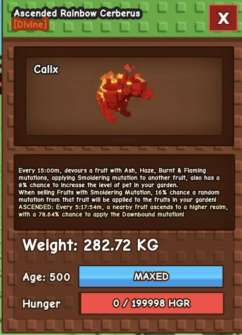 Ascended+Rainbow hatched Cerberus Ascended Mutation RBH Cerberus 200kg+ 500 age