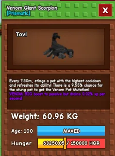 Venom Giant Scorpion 60.96Kg Age-100 — Account account