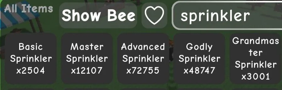 Basic Sprinkler + Advanced Sprinkler + Godly Sprinkler + Master Sprinkler + Grandmaster Sprinkler Bundle Sprinkler (Place Into Your Garden And Not V