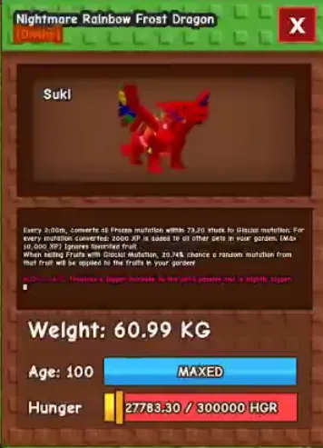 60kg RAINBOW HATCH FROST DRAGON super handsome. Enough frost mutation can level 100 very quick. Unlimited xp boosting. professional player recommend