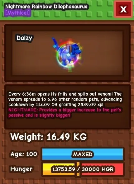 Huge NIGHTMARE Rainbow Dilophosaurus - 61.01 KG (Age 100) 1:51m cooldown — Account account