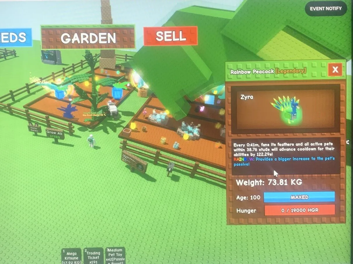 Peacock and Sea Turtle Huge 73.81 kg, 86.71 Rainbow Age 100 only 35 Free kitsune Mega , Mega dilophosaurus and Tiny Dragonfly Grow a Garden — Account account