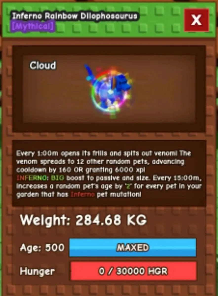 INFERNO RAINBOW HATCHED DILO (280KG+ AGE 500) RBH DILO INFERNO MUT INSTANT DELIVERY