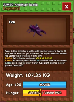 SUPER COLOSSAL JUMBO AMETHYST BEETLE 107.35KG AGE 100 (MAX) 100 WIN RATE AGAINST OTHER BEETLES — Account account
