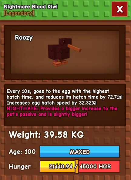 CHEAP 39.58kg Nightmare Blood Kiwi! 10 second cooldown and hatches eggs faster every Fast Delivery