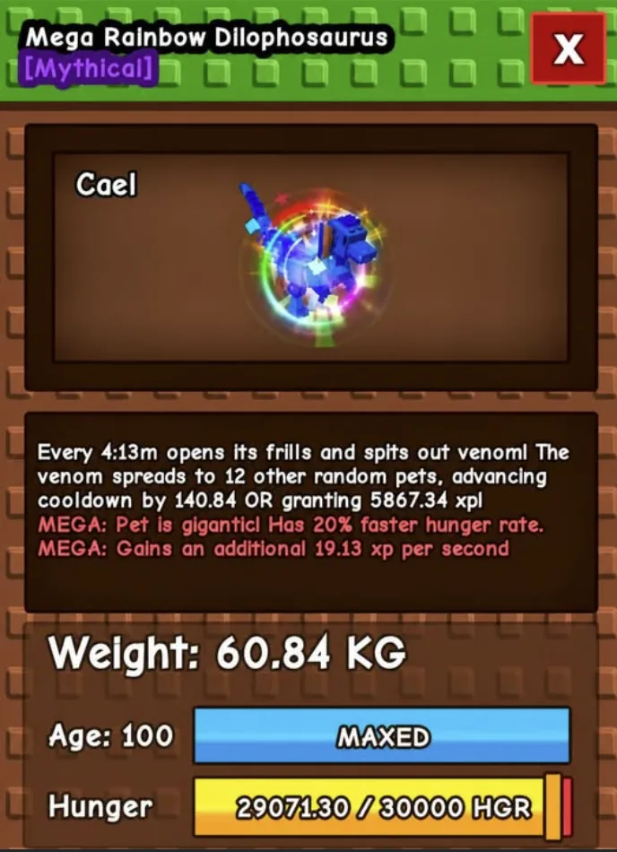 Rainbow Hatch Dilophosaurus 60kg+ Age 100 — Account account
