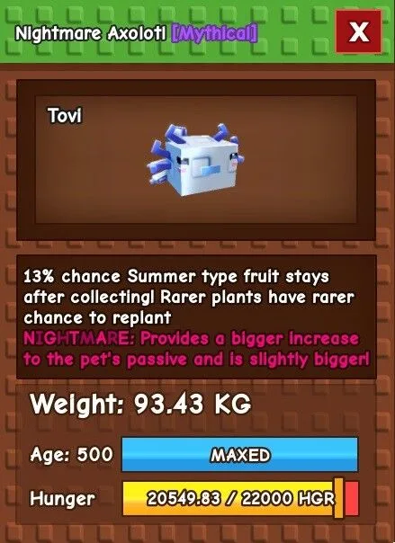 AXOLOTL 93.43kg Max Passive 13 Use with Ruby Squid s Fruits Stay After Harvest For Summer Event - Tovi (EP)
