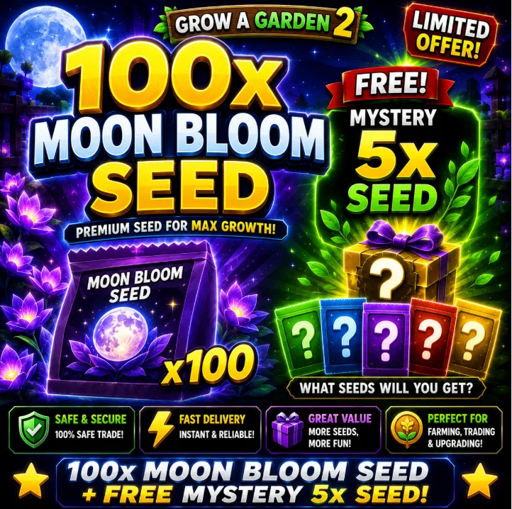 100x Moon Bloom Seed + FREE Mystery 5x Seed Grow a Garden 2 Fast Delivery