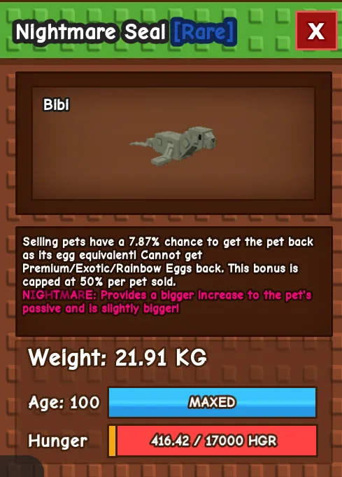 NIGHTMARE SEAL AGE 100 21.91KG GAG PET INSTANT DELIVERY — Account account