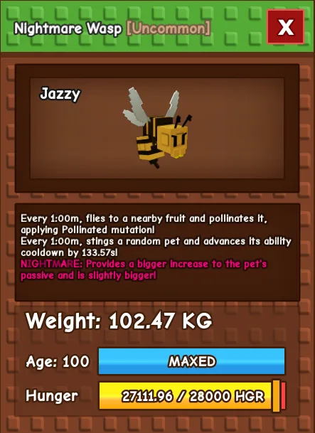 Nightmare Godly/Colossal Wasp 102KG Cooldown 1MIN