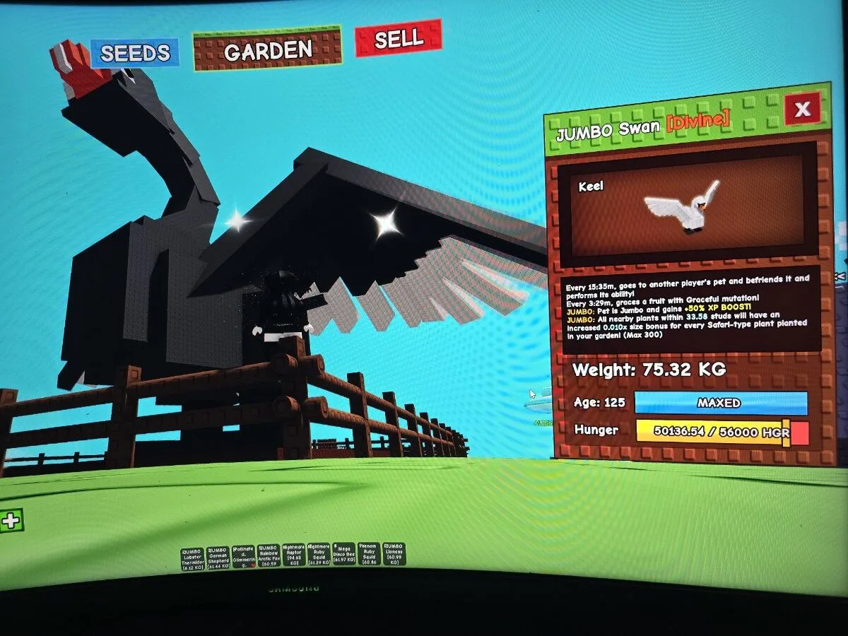 BLACK SWAN RARE 1 IN 1 MILLION CHANCE WITH JUMBO MUTATION 75 KG + AGE 125 TITANIC VISUAL GROW A GARDEN