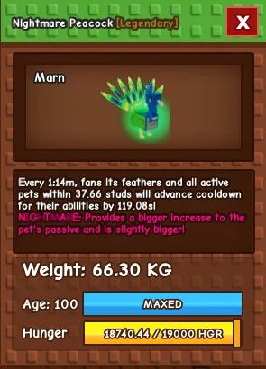 NIGHTMARE PEACOCK 66.30 KG AGE 100 (MAX) 1 minute 14 seconds cooldown — Account account